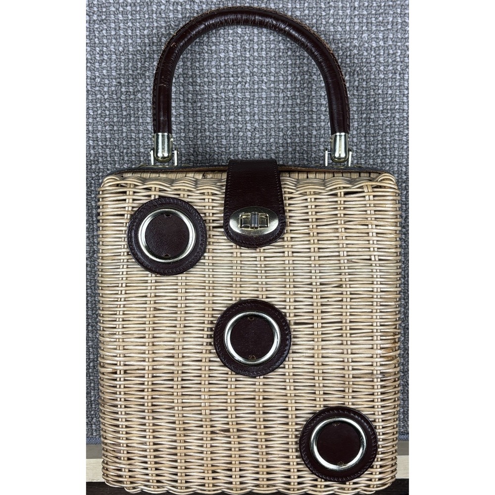 Vintage 1960s Wicker Dice Bag Handbag Mod Box Purse Made In Hong Kong Rare